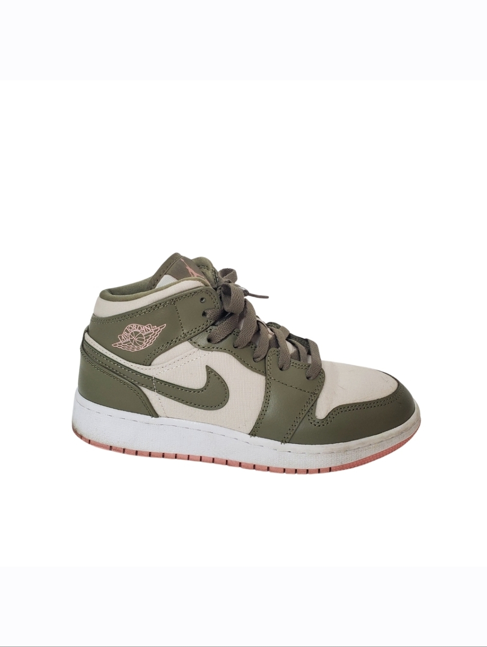 Jordan One Olive Green Sneakers with Pink Bottom Size 5Y